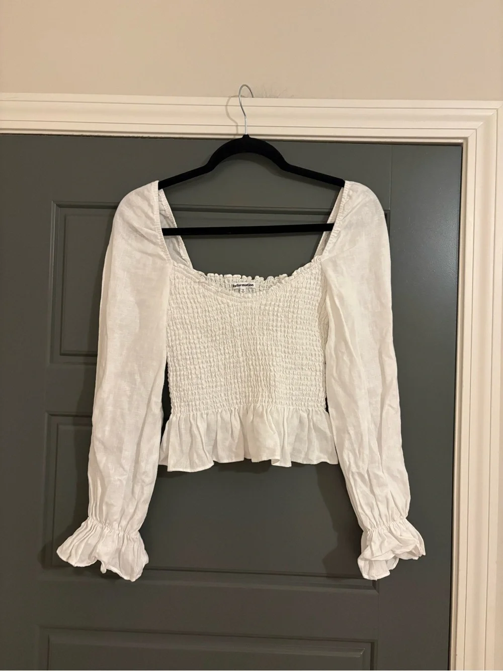 Reformation White Smocked Linen Puff Sleeve Blouse Size S